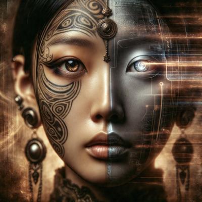 The primary subject of the image is a woman with a unique and intricate tattoo design on her face. The setting is a futuristic environment, with the woman's face surrounded by a blend of digital art and illustration. The visual style is a combination of photo and digital art, creating a striking and eye-catching image. The colors and mood of the image are predominantly dark and mysterious, with the woman's face being the focal point of the composition.